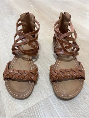 Ollio Tan Braided & Crisscross Ankle Tie Sandals